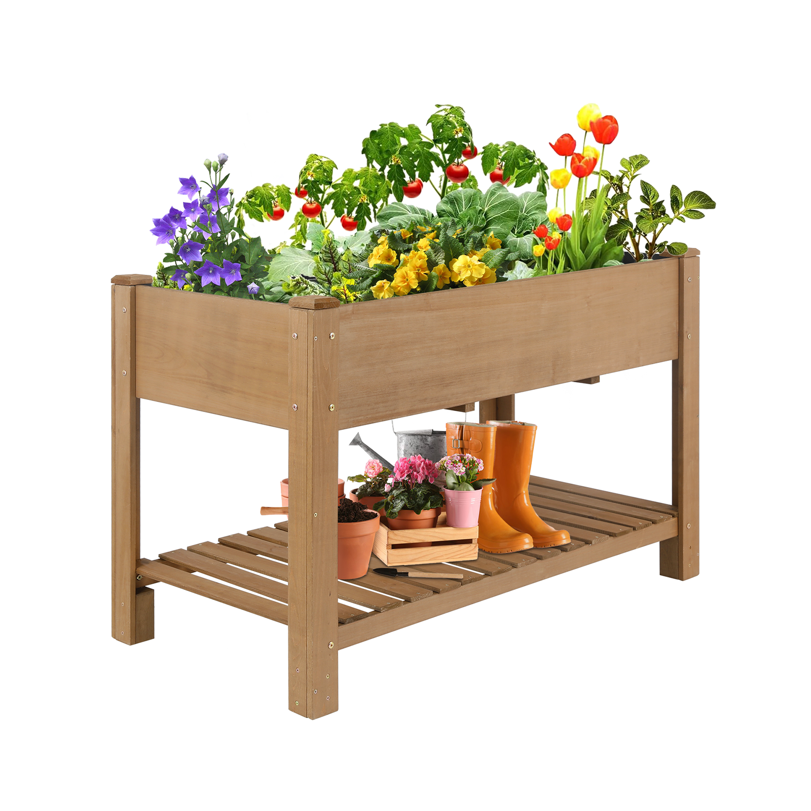 46.65 Inch Raised Garden Bed, wooden elevated planter box with shelf - IRONPECK