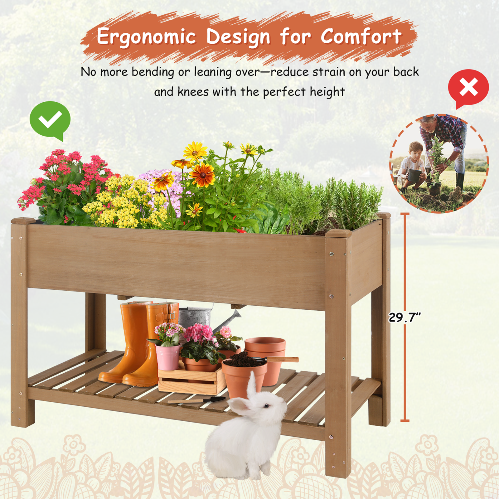 46.65" L Raised Garden Bed - Wooden Elevated Planter Box with Shelf - Image 2