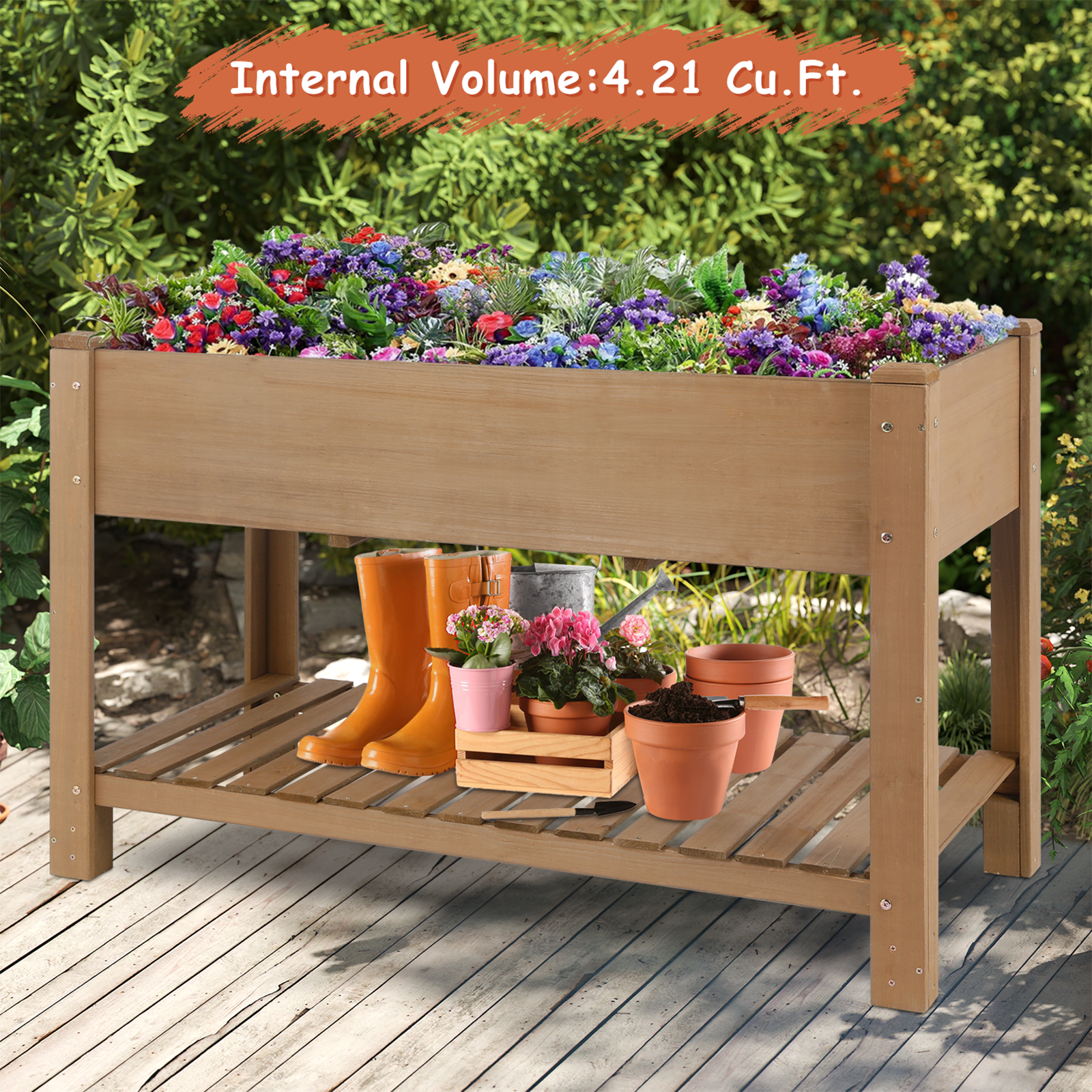 46.65" L Raised Garden Bed - Wooden Elevated Planter Box with Shelf - Image 3