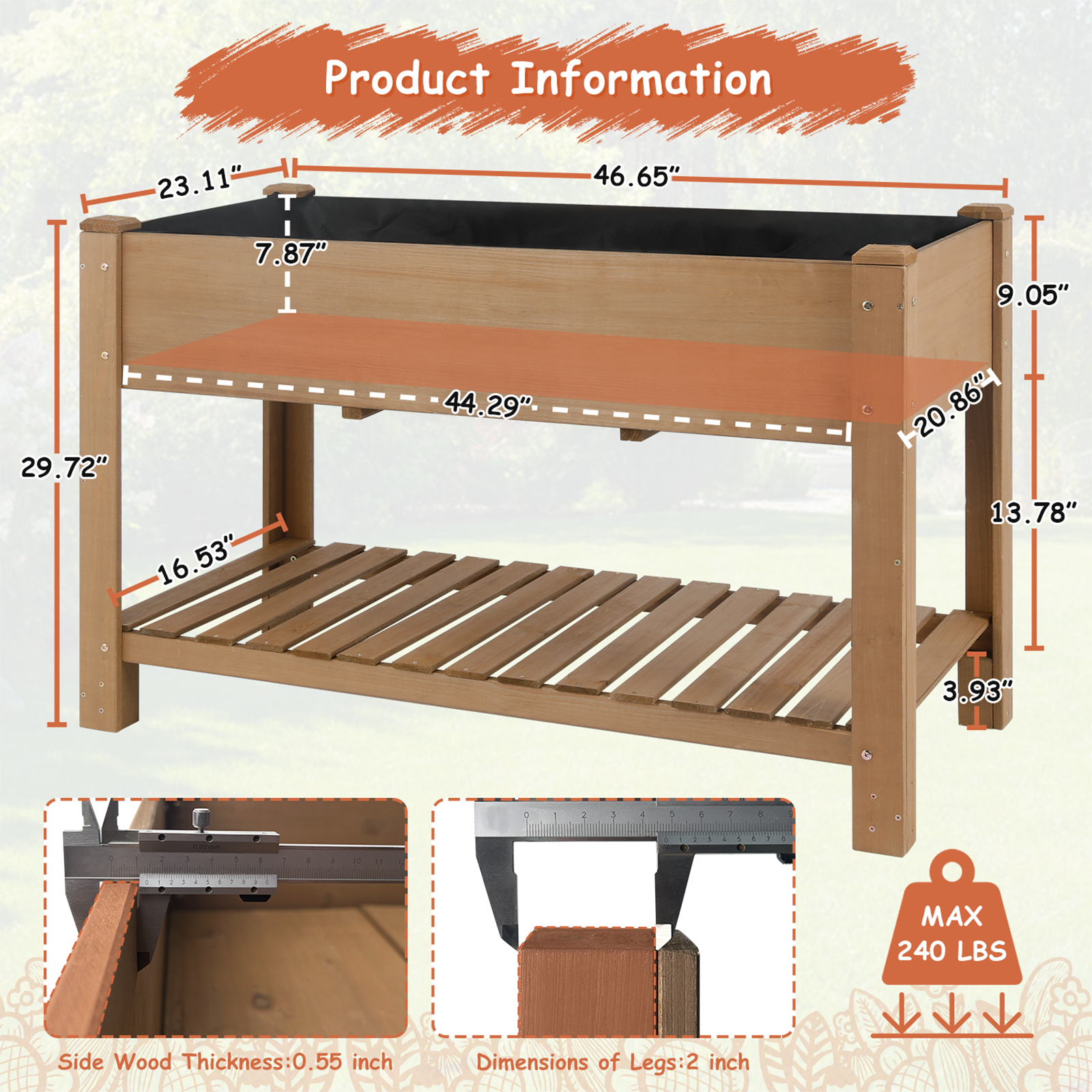 46.65" L Raised Garden Bed - Wooden Elevated Planter Box with Shelf - Image 6
