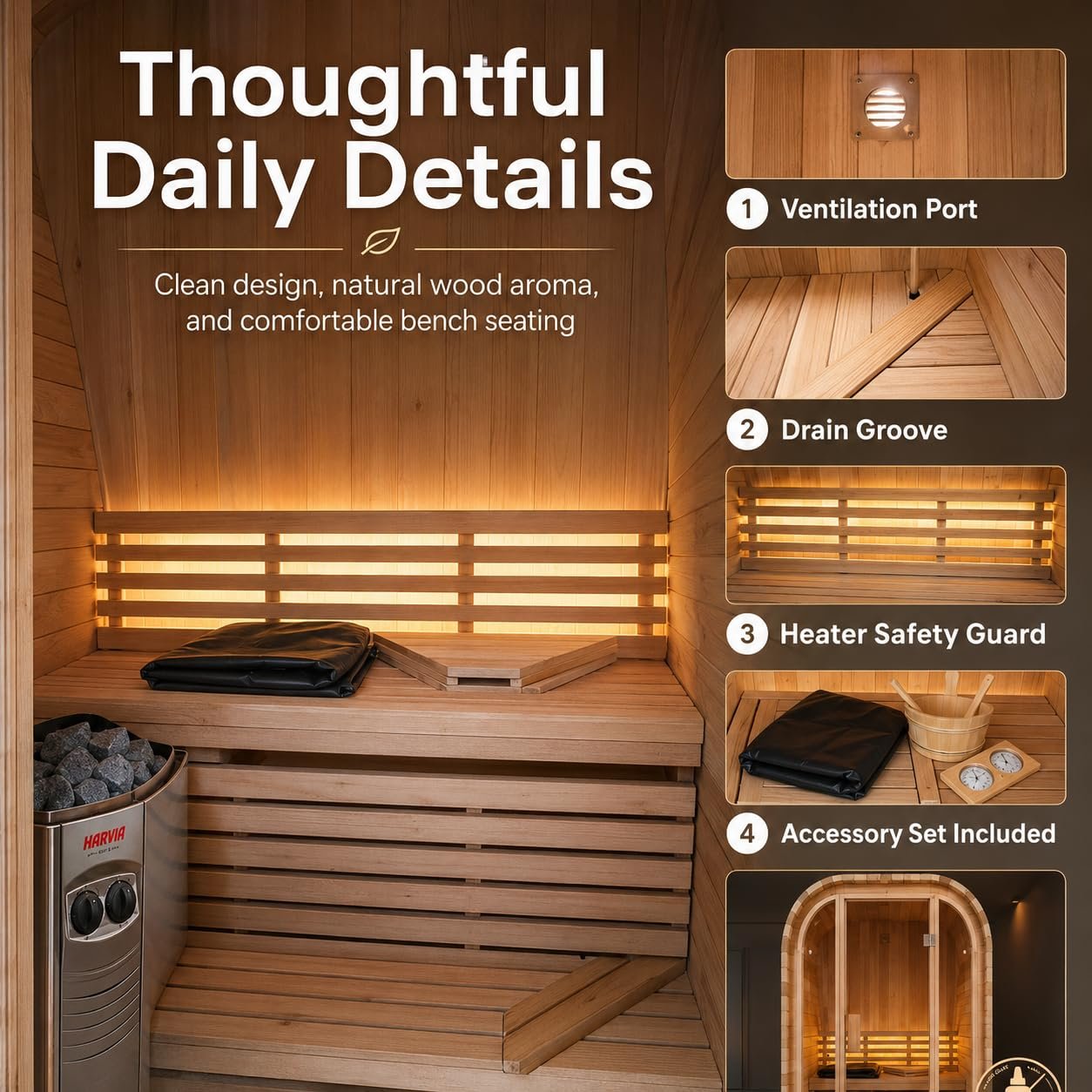 Duthss 2 Person Outdoor Sauna with 4.5kW Electric Heater – Traditional Wood Barrel Steam Sauna, 53 x 55 x 79 in - Image 3