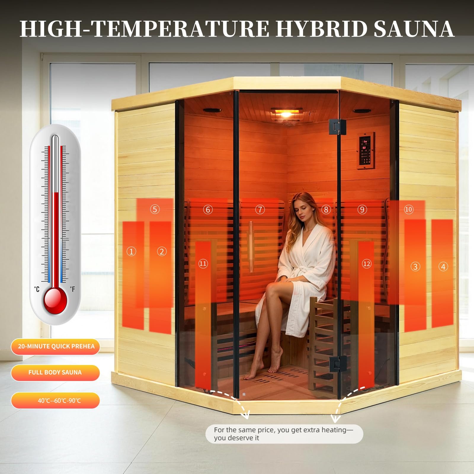 Corner Hybrid Sauna 3 Person – Indoor Infrared & Steam Sauna, Canadian Hemlock Wood Home Sauna - Image 5