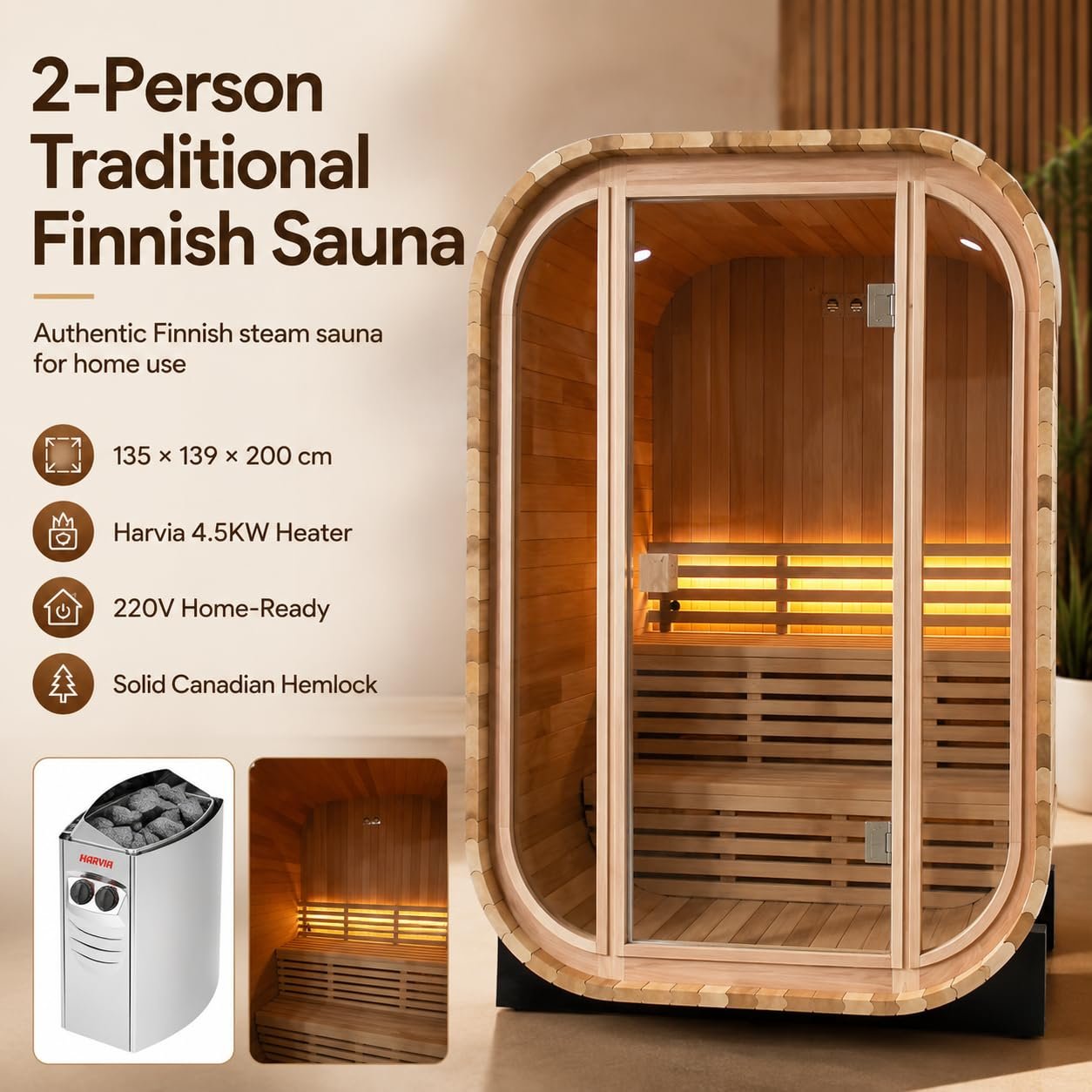 Duthss 2 Person Outdoor Sauna with 4.5kW Electric Heater – Traditional Wood Barrel Steam Sauna, 53 x 55 x 79 in - Image 2
