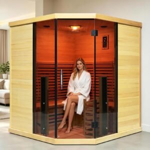 Corner Hybrid Sauna 3 Person – Indoor Infrared & Steam Sauna, Canadian Hemlock Wood Home Sauna
