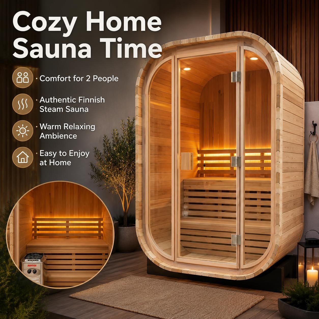 Duthss 2 Person Outdoor Sauna with 4.5kW Electric Heater – Traditional Wood Barrel Steam Sauna, 53 x 55 x 79 in - Image 6