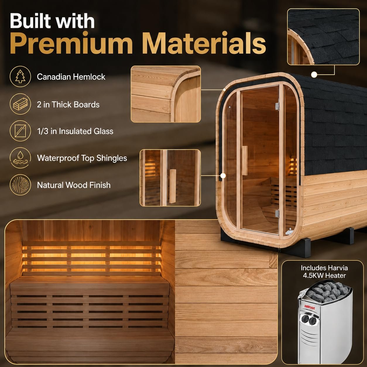 Duthss 2 Person Outdoor Sauna with 4.5kW Electric Heater – Traditional Wood Barrel Steam Sauna, 53 x 55 x 79 in - Image 5