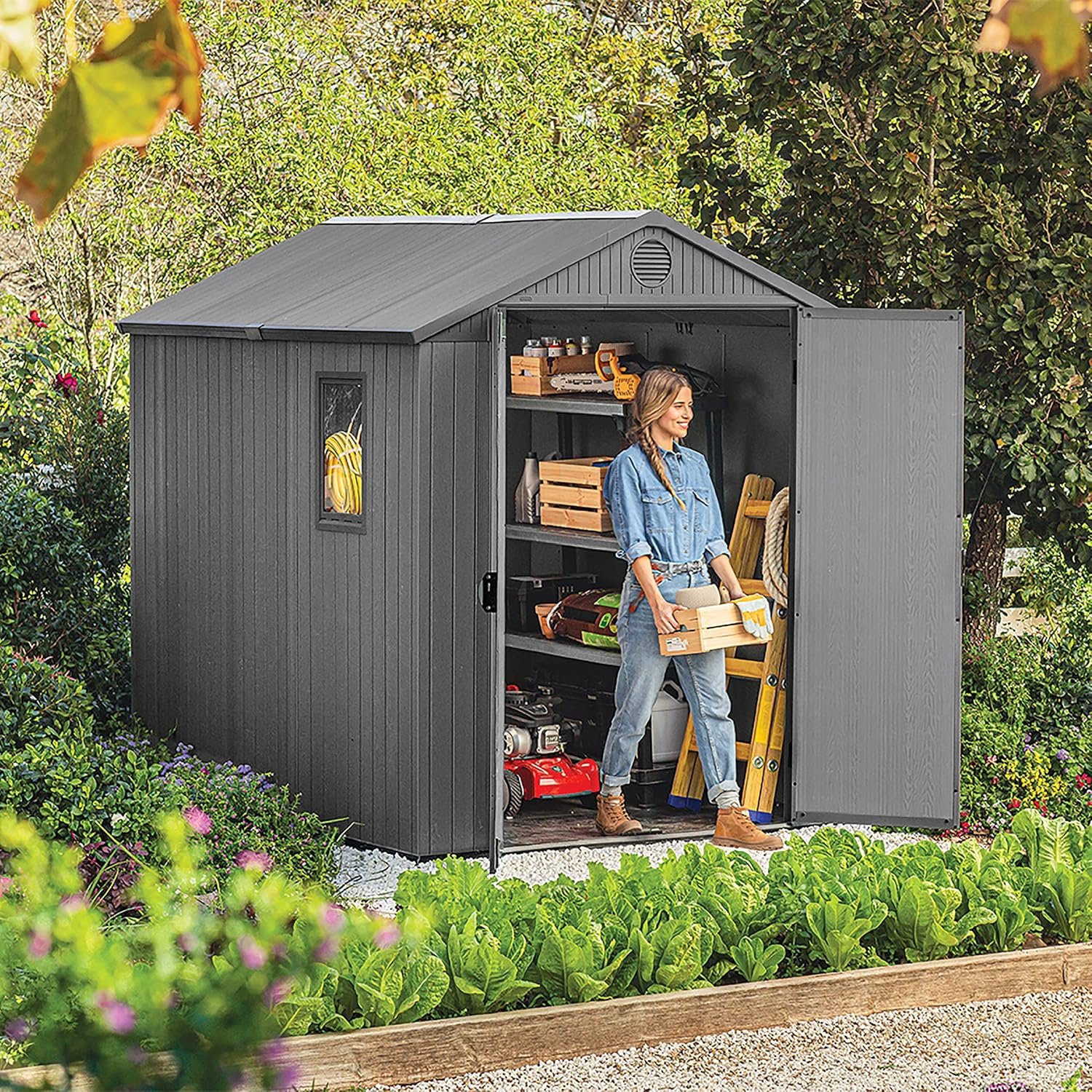 6 x 8 ft Outdoor Resin Storage Shed with Double Doors, Window & Heavy-Duty Floor – Plastic Backyard Shed - Image 9