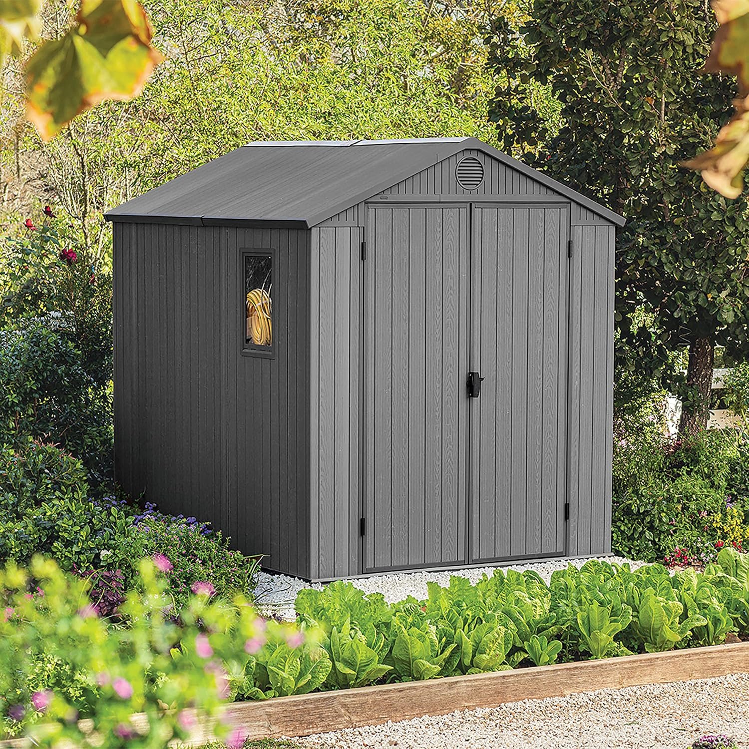 6 x 8 ft Outdoor Resin Storage Shed with Double Doors, Window & Heavy-Duty Floor – Plastic Backyard Shed - Image 10