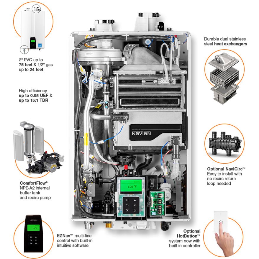 Navien NPE-210A2 Condensing Tankless Water Heater – 180,000 BTU, 10.1 GPM, Natural Gas & Propane - Image 2