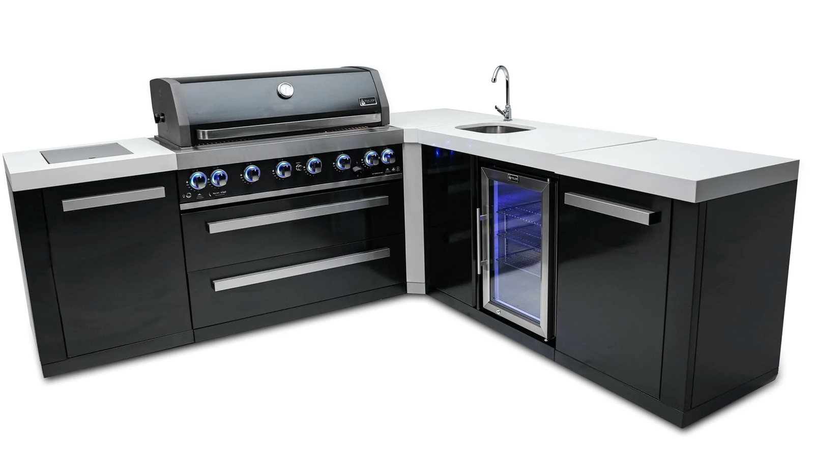 Mont Alpi 805 Black Stainless Outdoor Kitchen Island with Beverage Center & 90° Corner – Grill, Sink & Fridge