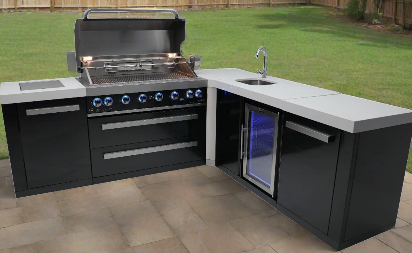 Mont Alpi 805 Black Stainless Outdoor Kitchen Island with Beverage Center & 90° Corner – Grill, Sink & Fridge - Image 3