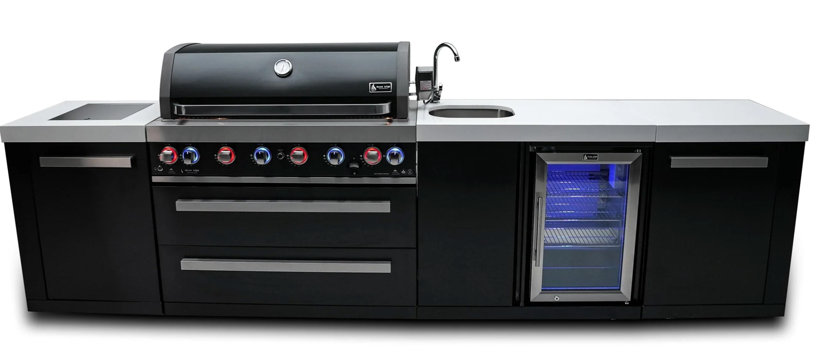 Mont Alpi 805 Black Stainless Steel Outdoor Kitchen Island with Beverage Center – 6-Burner Gas Grill