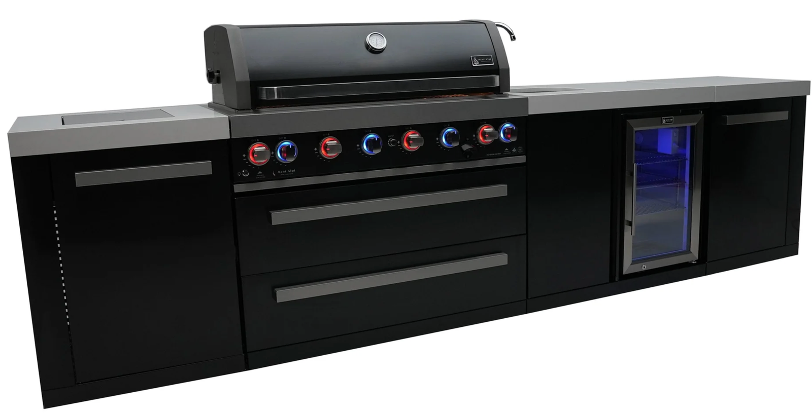 Mont Alpi 805 Black Stainless Steel Outdoor Kitchen Island with Beverage Center – 6-Burner Gas Grill - Image 2
